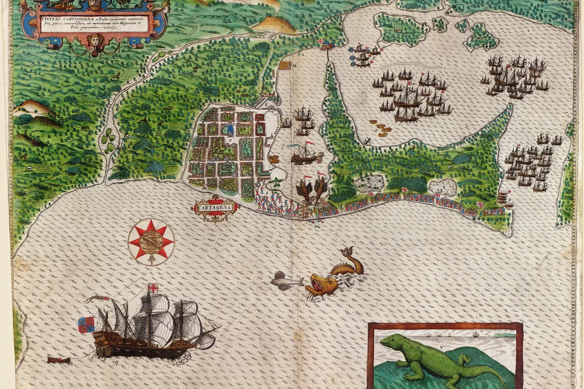 An engraved map of Cartagena Bay in 1586 with sailing ships, a compass rose and sea creatures drawn in the water